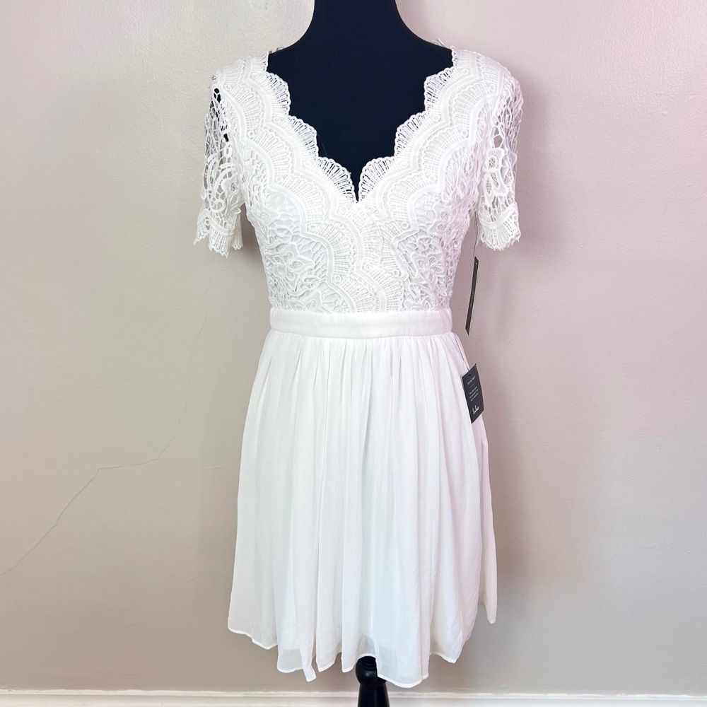 Lulus Angel in Disguise Lace Mini Dress S White Short Sleeve Bridal Romantic